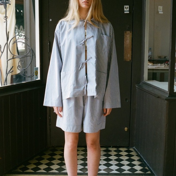 BASERANGE The Limber Shirt in Red Blue Stripe Cotton Tie Jacket Three Pockets S - Picture 1 of 16